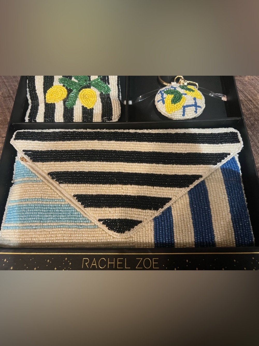 Viral Rachel Zoe Beaded Black White Stripe Clutch with Lemon accessories - Picture 2 of 5